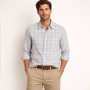 Mens Plaid Button Up Shirt Large Linen Cotton Chest Pocket LS Coastal Timeless